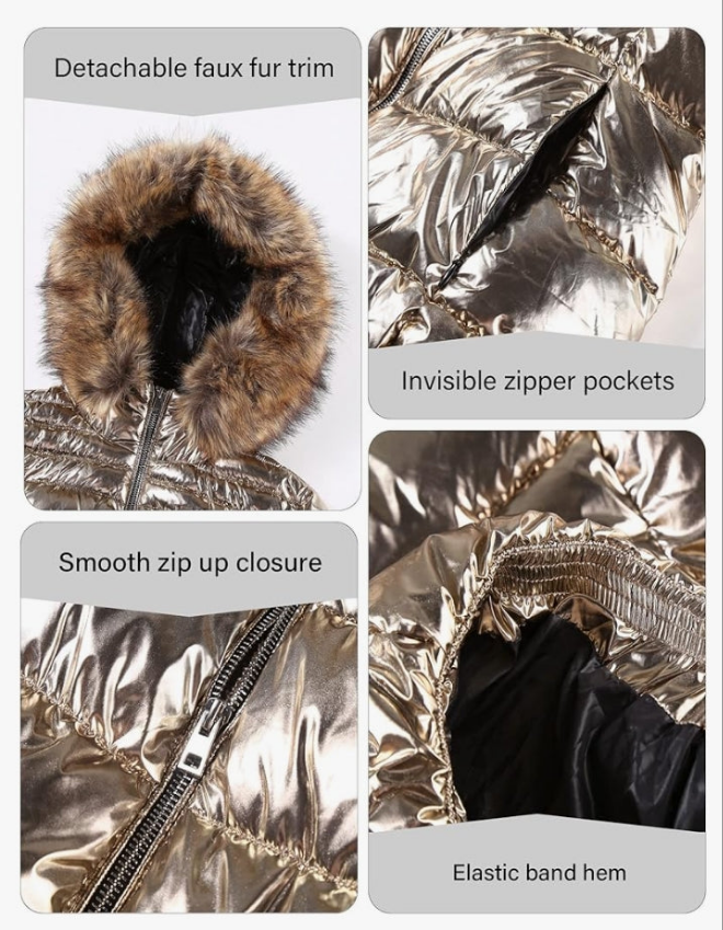 Lightweight Puffer Jacket, Winter Coats for Women Warm Quilted Bubble Padded Hood Coat with Faux Fur Collar