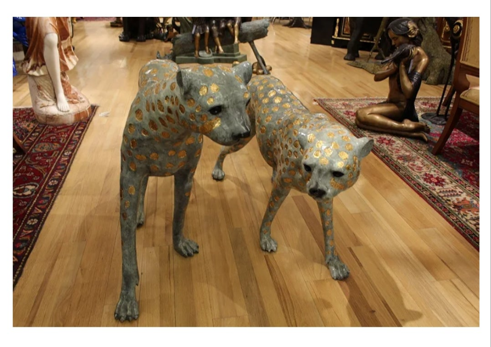 Pair of Golden-Plated Cheetahs Bronze Statue - Size: 58" L x 10" W x 31" H.