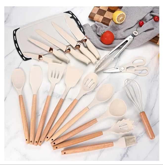 Nice 19 Piece Kitchenware Utensils and Knife Set Includes: 9 Piece Silicone Cooking Utensils- 5 Piece Sharp Stainless Steel Chef Knives- Scissors- Whisk Tongs and Cutting Board,
