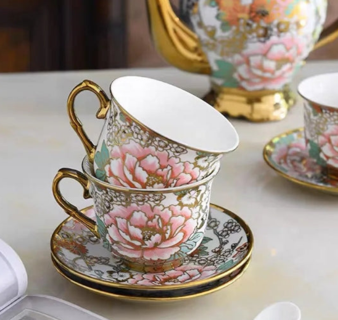 Gold Plated Red Rose Ceramic Tea Set, Vintage Tea Set with Teapot, Beautiful Tea Set Coffee Serving 6 People (red, large)