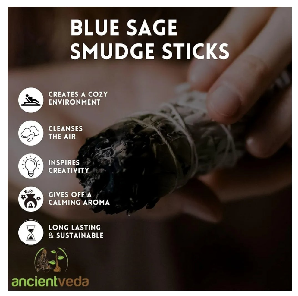 4 Inch 3 Pack Blue Sage Smudge Sticks with Starter Guide for Yoga | Floral Home Sage | Big Sage Smudge Stick Bundle Sage to Get Rid of Evil Spirits | Sage for Cleansing House Blessing