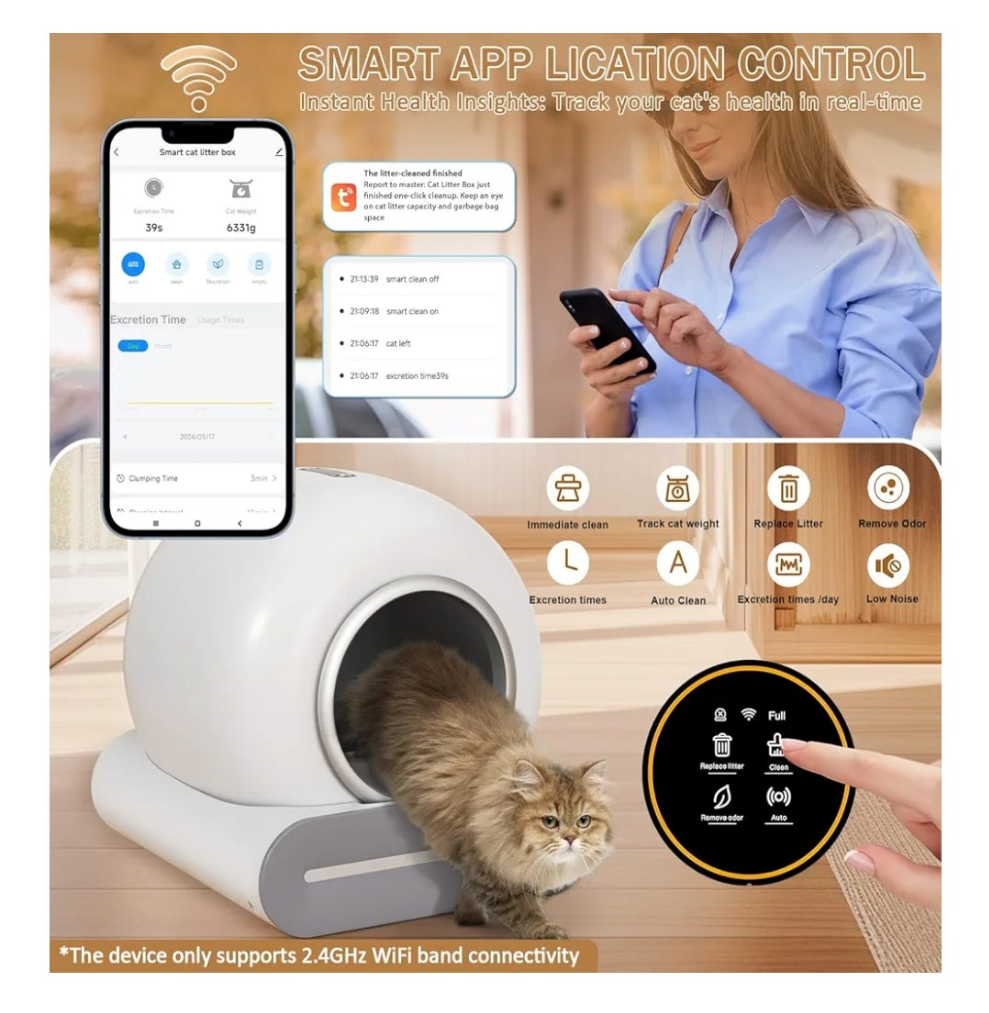 Self Cleaning Litter Box, Automatic Cat Litter Box Self Cleaning for Multiple Cats, 65L+9L Robot, 3 Rolls Grabage Bags, Negative ion Deodorization, APP Control, Toilet Monitoring