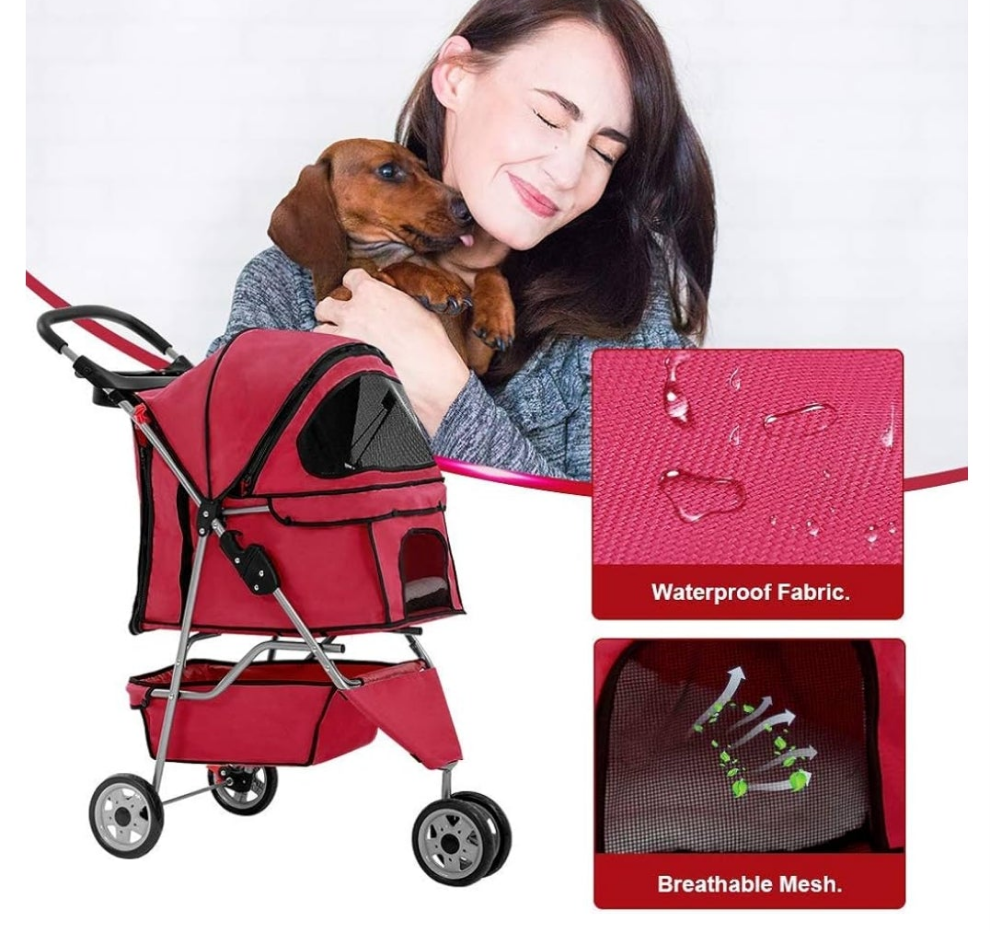 Red Pet Stroller Cat Dog Cage 3 Wheels Stroller Travel Folding Carrier