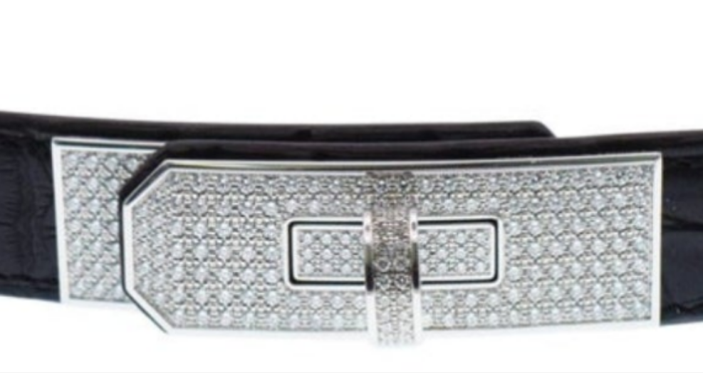 Hermes "KELLY" Diamond Buckle Crocodile belt 18k white gold and diamond