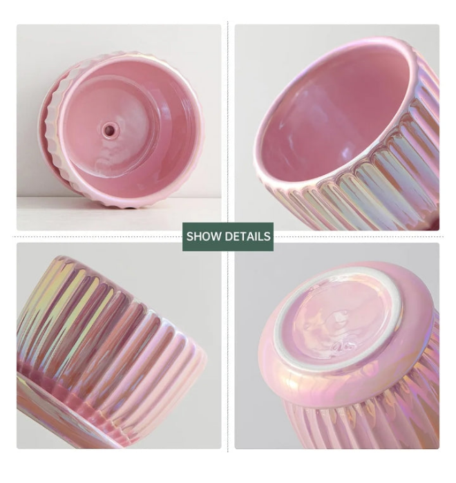 3 pack Pink Gold Ceramic Flower Pots, 4"+5"+6" Inch Small Glazed Succulent Planters with Drainage Hole,Modern Indoor Decorative Plant Pots Set of 3,Garden Pots with Saucer