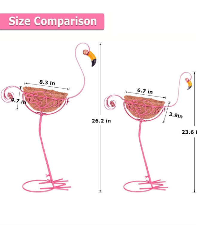 Set of 2 Pink Metal Flamingo Planters with Basket for Indoor Outdoor Garden Yard Decor
