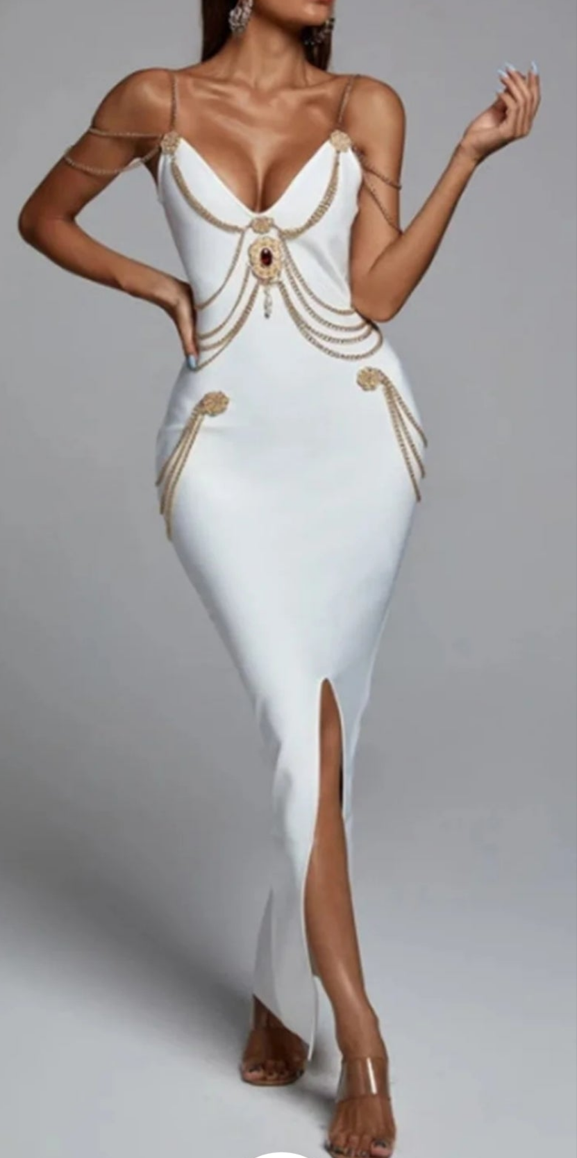 COCOMONEY V Neck Rhinestone Chain Split Maxi Dress-