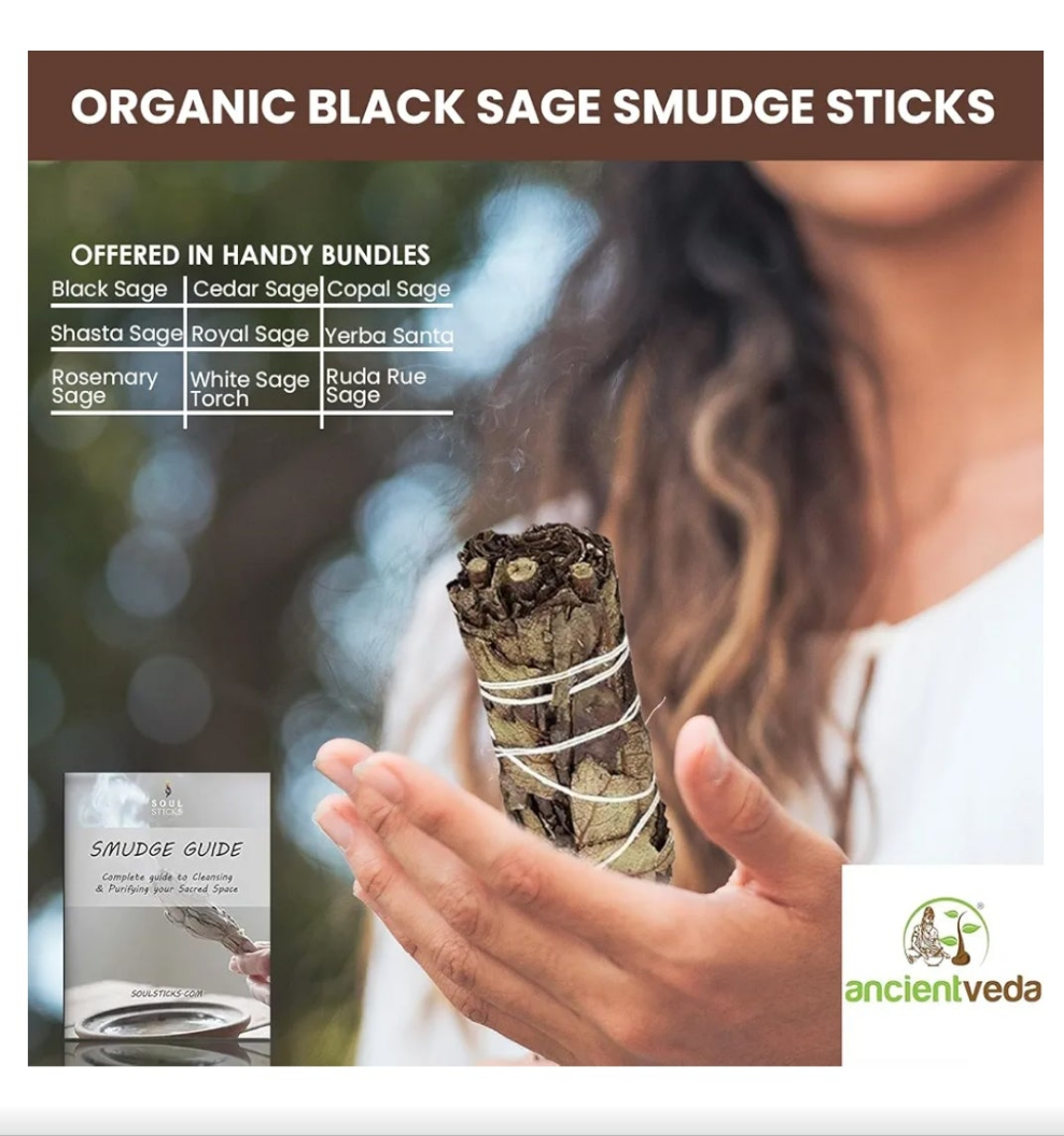 4 Inch Black Sage Sticks with Starter Guide, Floral Home Sage Organic for House Cleansing, Big Sage Smudge Stick Bundle Sage to Get Rid of Evil Spirits, Sage House Blessing 3 Pack