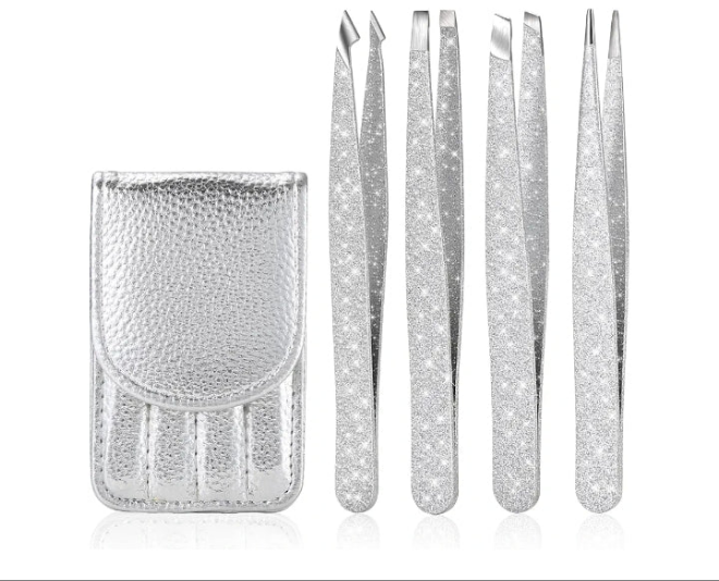 Glitter Tweezer Set 4-Piece Professional Stainless Steel Tweezers for Men and Women, Precision for Eyebrows, Ingrown Hair, Facial Hair, and Lash Extensions