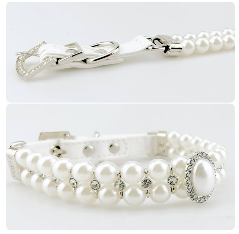 Dog Cat Big Pearl Collars with Crystal Rhinestone Diamond Décor, Adjustable Cute Fashion Pet PU Leather Necklace for Wedding Birthday Party