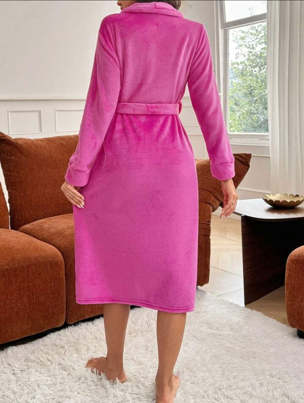 Solid Belted Flannel Robe Pink