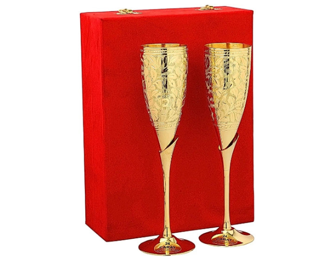 24K Gold Plated Wedding Champagne Flute for Toasting Glass Set of 2, Brass Wine Goblet Metal Chalice Engraved