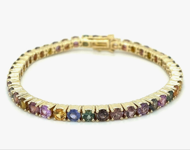 COCOMONEY 14k Gold Multicolor Sapphire Bracelet, 44 Round Stones, 13.68 Carats, 15.55 Grams