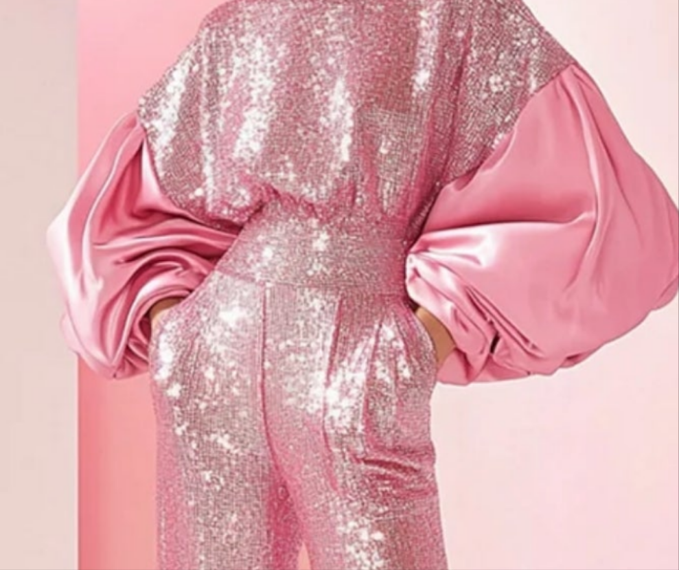 COCOMONEY Patchwork Sequins Puff Sleeve Pocket Jumpsuit-Pink