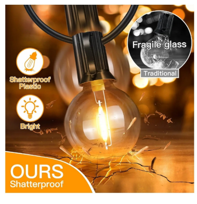 Ollny 25FT Outdoor String Lights, Waterproof Connectable Shatterproof Outside Light with 13 Edison + 1 Spare LED Bulbs Plug in, Patio Lights for Indoor Balcony Porch Camping Deck
