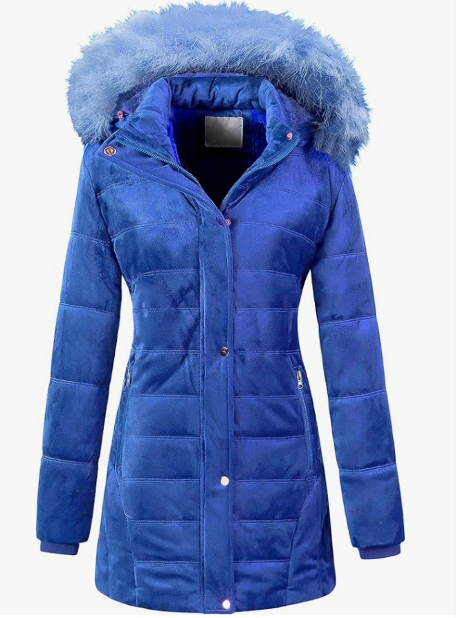 Warm Winter Coat Velvet Puffer Jacket Quilted Faux Fur Hood