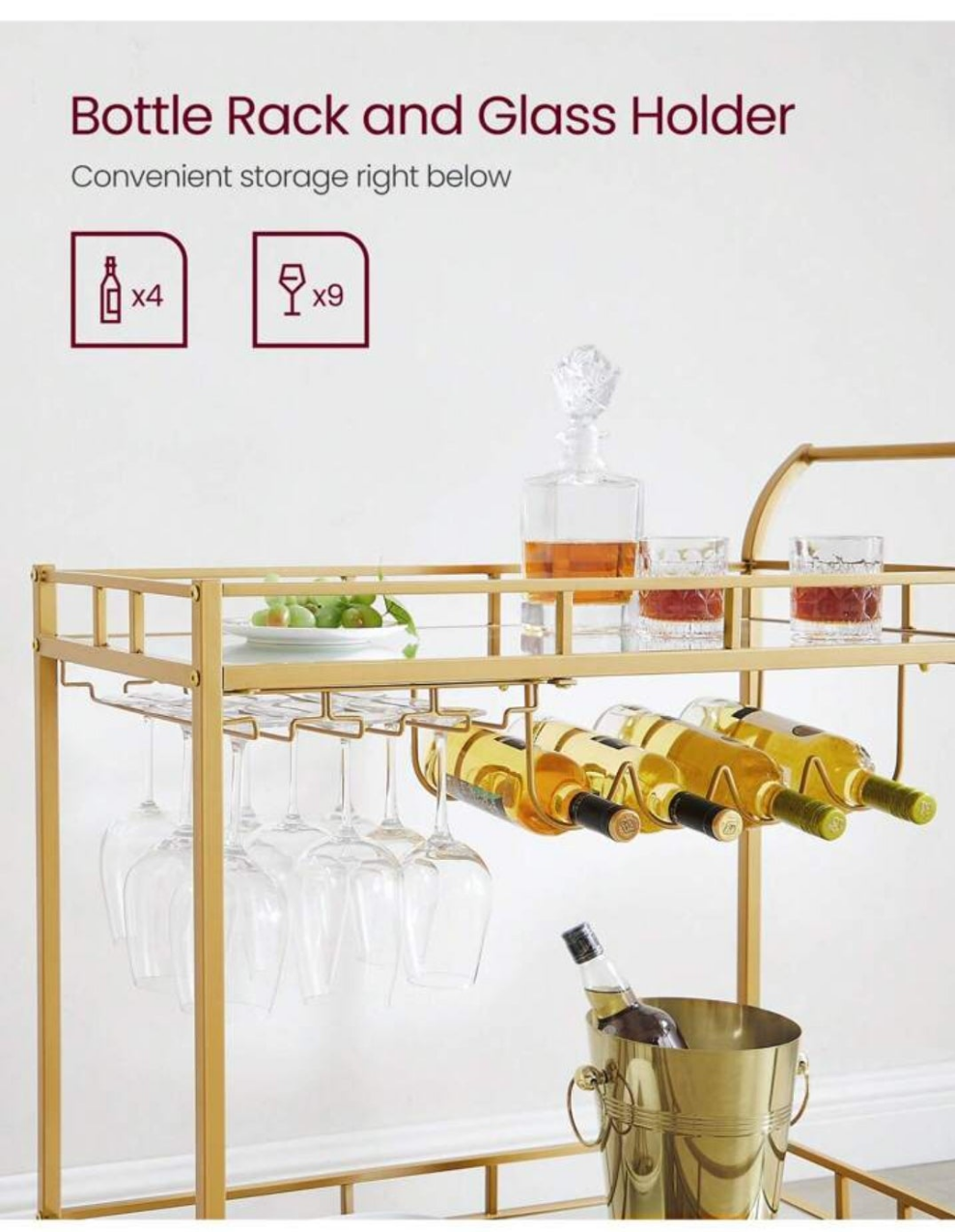 Bar Cart , Home Bar Serving Cart, Wine Cart With 2 Mirrored Shelves, Wine Holders, Glass Holders, For Kitchen, Dining Room stainless steel