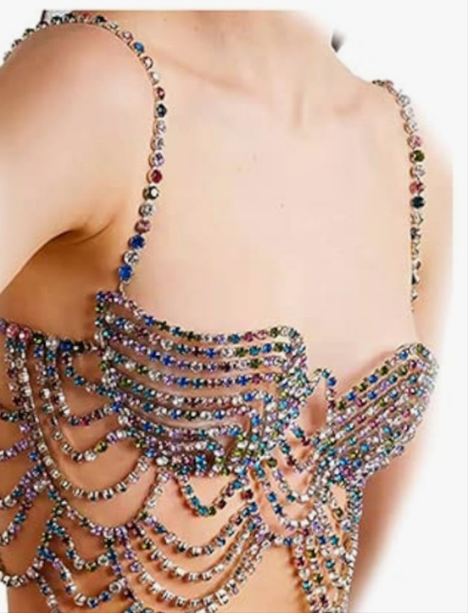 Rhinestone Chest Chain Body Jewelry for women Sexy Colorful Crystal Body Chains Lingerie Bikini Bra Chain Jewelry