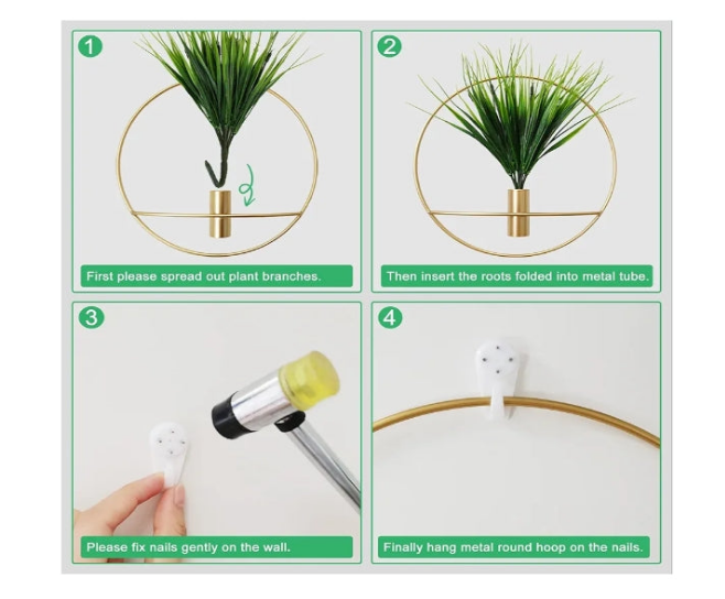 Set of 2 Artificial Plants with Gold Metal Round Hanging Hoop for Wall Decor, Wall-Mounted Green Fake Plants in Metal Hoop for Modern Home Decor, Gold Wall Decor for Bedroom, Living Room