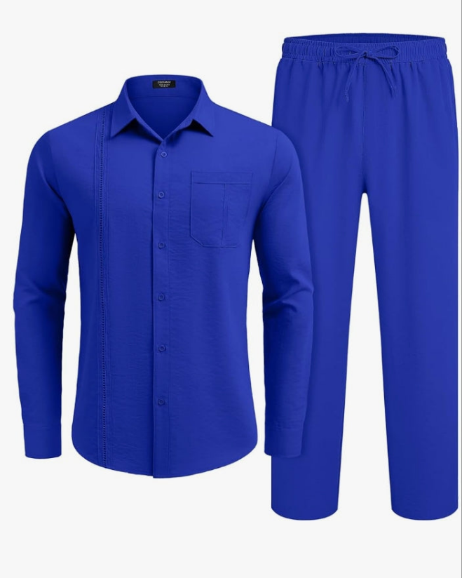 Mens Linen Sets 2 Piece Long Sleeve Button Down Cuban Shirt and Pants Set Summer Beach Set Outfits
