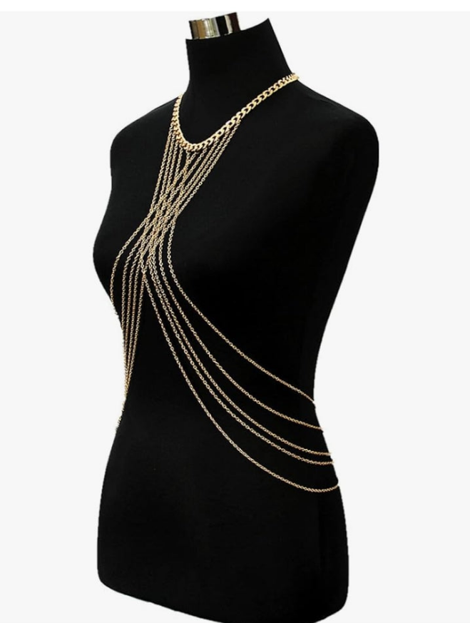 Harness Body Chain Sexy Layered Tassel Belly Waist Chain Necklace Boho Hot Bikini Nightclub Party Beach Body Jewelry for Women and Ladies Gold Tone