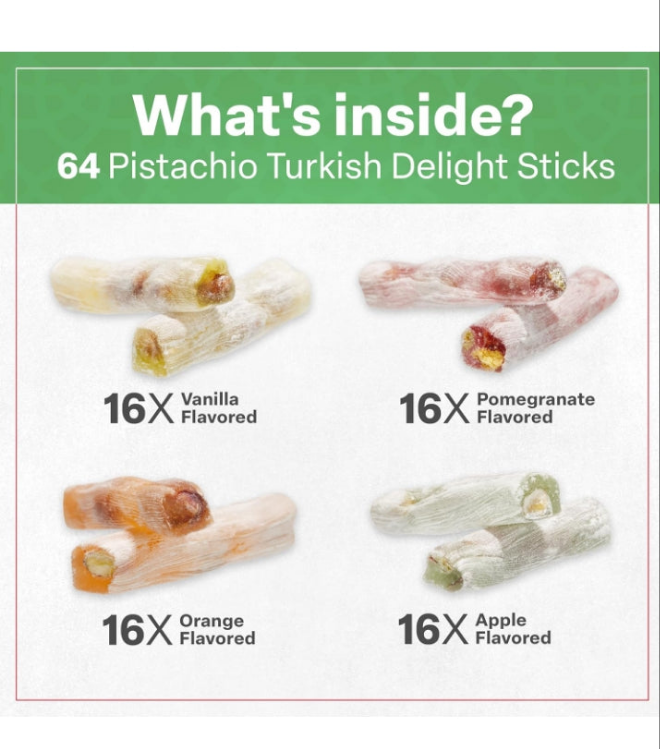 Turkish Delight Candy Sticks Pistachio Filled 17.6oz, w/ 4 Flavors: Apple, Orange, Pomegranate, Vanilla International Candy Box, Vegan Candy, Best Food & Beverage Gifts Option, Wick Lokum