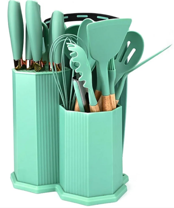 Nice 19 Piece Kitchenware Utensils and Knife Set Includes: 9 Piece Silicone Cooking Utensils- 5 Piece Sharp Stainless Steel Chef Knives- Scissors- Whisk Tongs and Cutting Board,