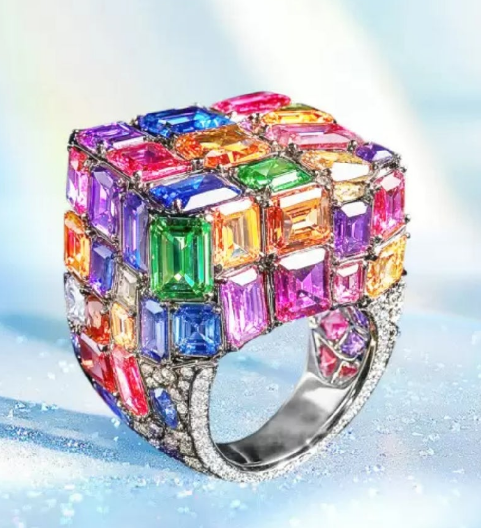 18ctw Emerald Cut Multicolor Sapphire Allover-set Cocktail Ring 925 sterling silver