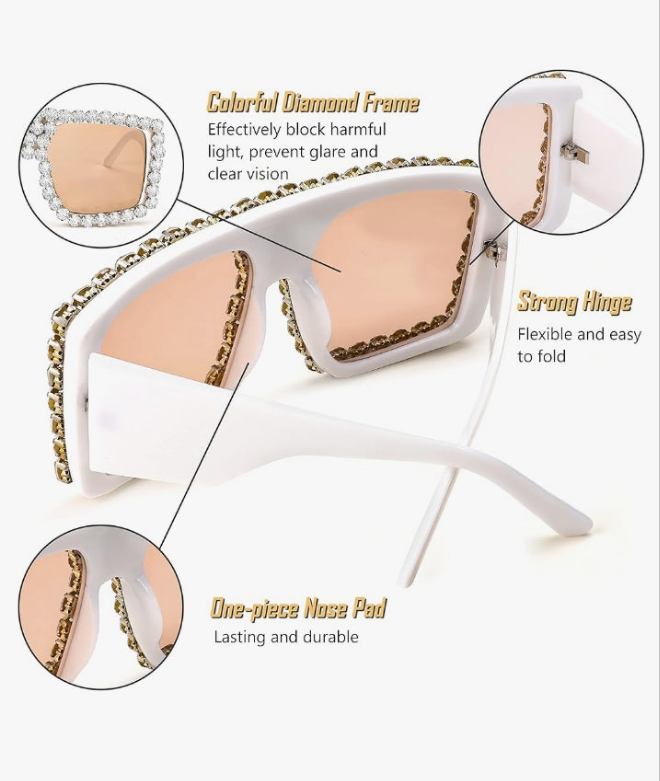 COCOMONEY Square Diamond Sunglasses for Women Retro Fashion Shiny Rhinestone Sun Glasses