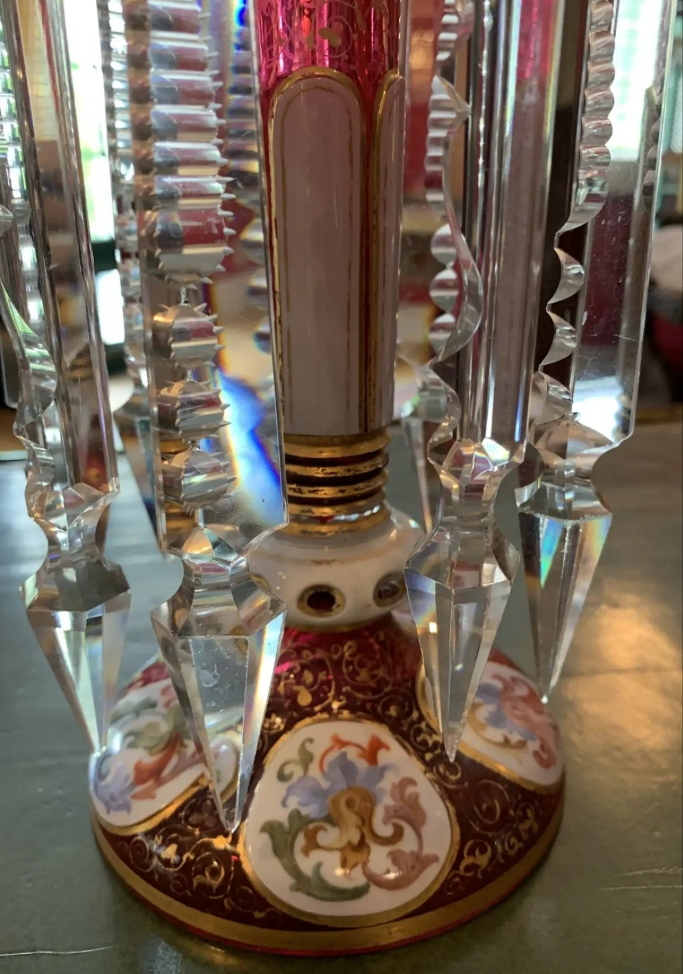 Pair of antique Moser Bohemian cranberry overlay hand painted lusters, circa 1900s cranberry glass