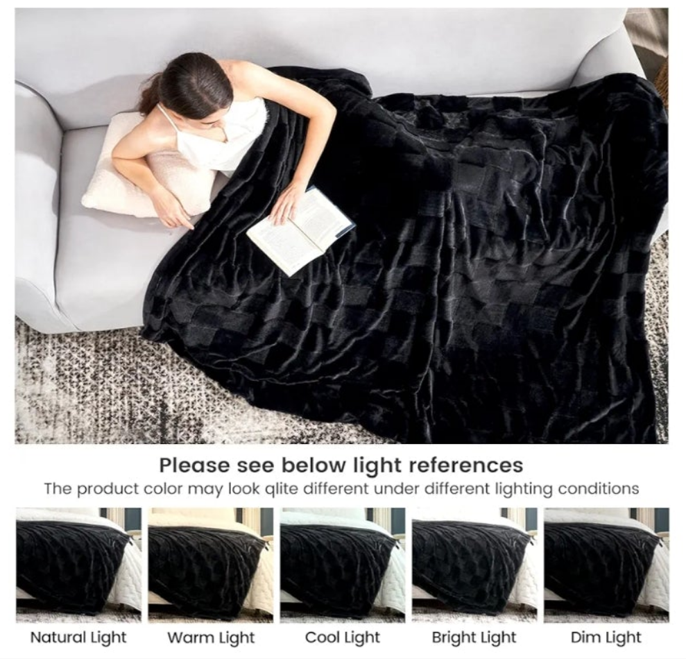 Checkered Faux Rabbit Fur Black Throw Blanket, Lightweight Fleece Soft Fuzzy Fluffy Minky Furry Plush Blankets for Couch