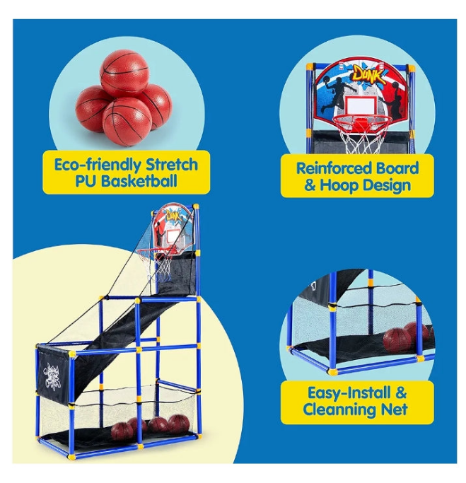 Arcade Basketball Game Set with 4 Balls and Hoop for Kids 3 to 12 Years Old Indoor Outdoor Sport Play - Easy Set Up - Air Pump Included - Ideal for Competition