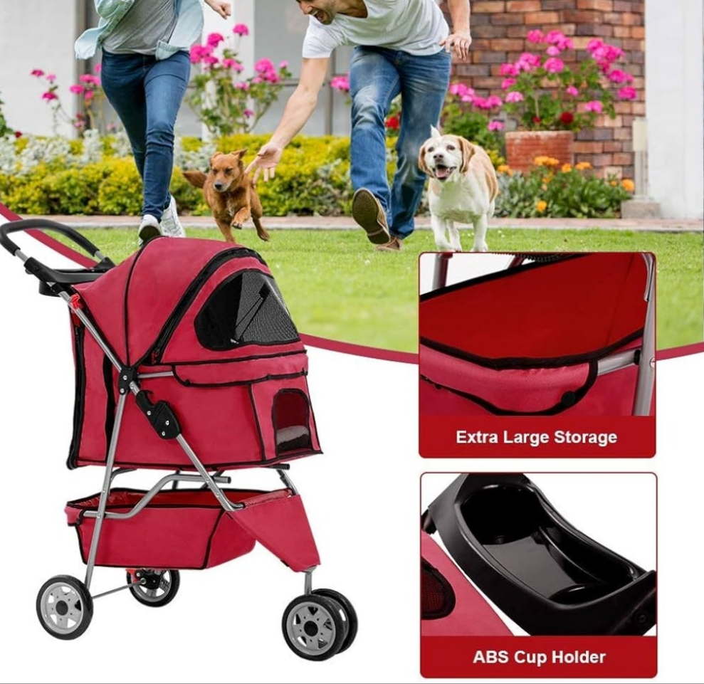 Red Pet Stroller Cat Dog Cage 3 Wheels Stroller Travel Folding Carrier