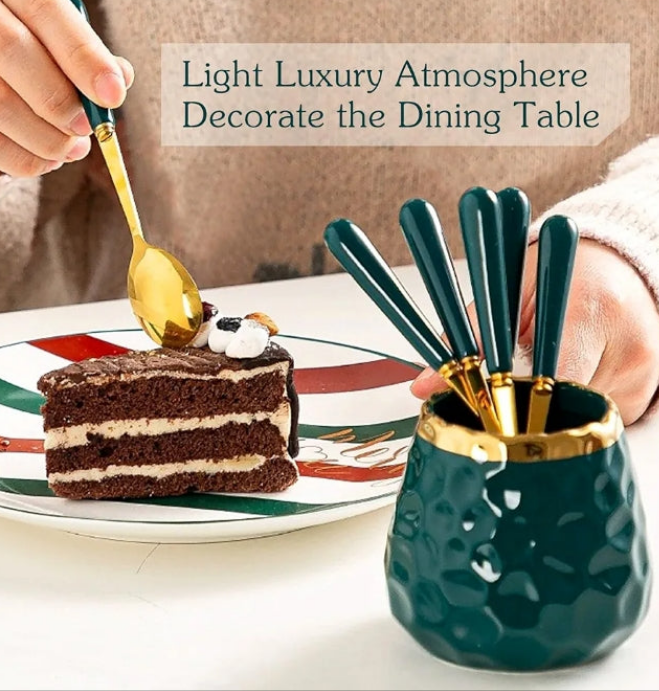Dessert Fork set, Ceramic Jar with 8 Small Forks, Salad, Fruit, Party, Cake, Camping Cutlery set (Pink Ceramic Jar+4 Spoons+4 Forks)