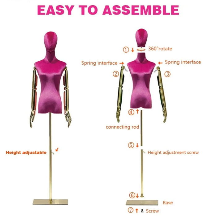 Rose Red Velvet Dress Form Mannequin, Woman Dark Shinning Velvet Half Body Torso with Golden Arms, 1 Color (Rose Red)