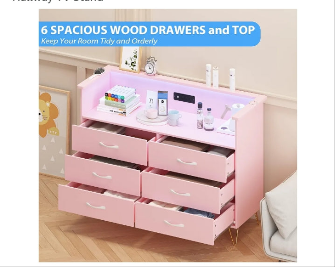 Dresser for Bedroom with LED Light & Power Outet, 6 Drawers Wooden Dressers with 2-Tier Open Space, Modern Chest of Double Wide Drawers for Living Room, Entryway, Hallway TV Stand