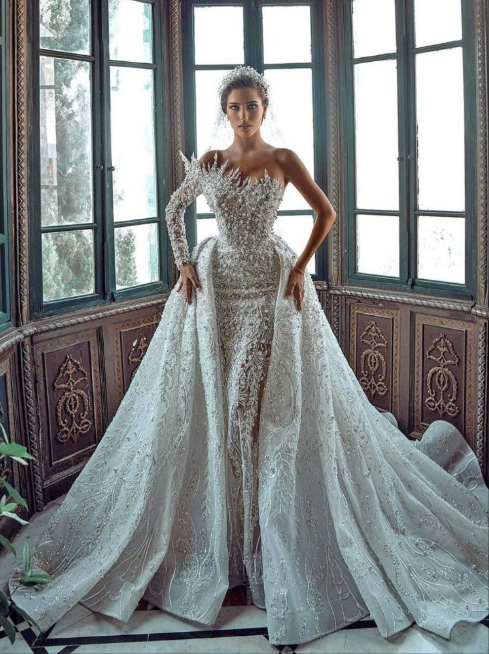 Stunning Long White One Shoulder A-line Beading Pearls Long Sleeve Weeding Dress With Train