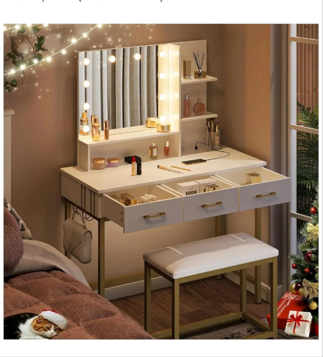 Vanity Desk with Mirror and Lights, Makeup Vanity with Wider Cushioned Stool, Vanity Set with USB Power Outlet, 3 Drawer,White (White One Size)