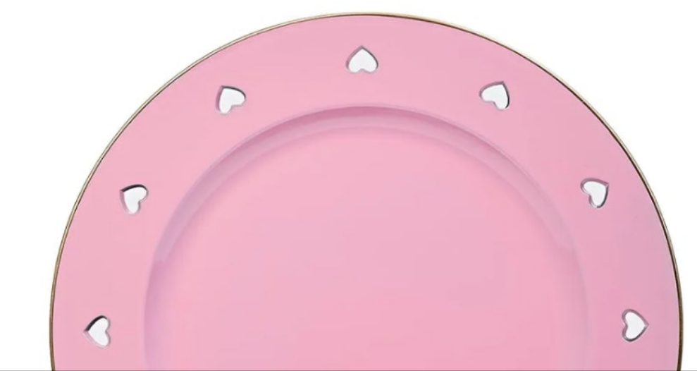 13" Round Pink Charger Plates, Heart Hollow Chargers for Dinner Plates with Golden Border, Formal Table Setting Accessory Centerpiece Bluk Wedding, Valentine's Day, Galentine's Day, Set of 6