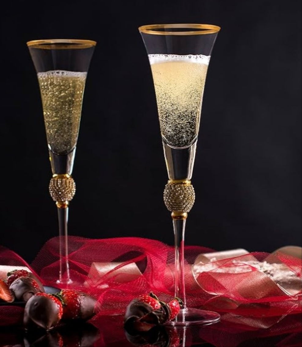 Wedding Champagne Flutes Toasting Glasses, 7oz Set of 2
Rhinestone, DIAMOND, Studded, Gold Rim, Long Stem, 11-inches Tall, Elegant Glassware, Stemware, wedding