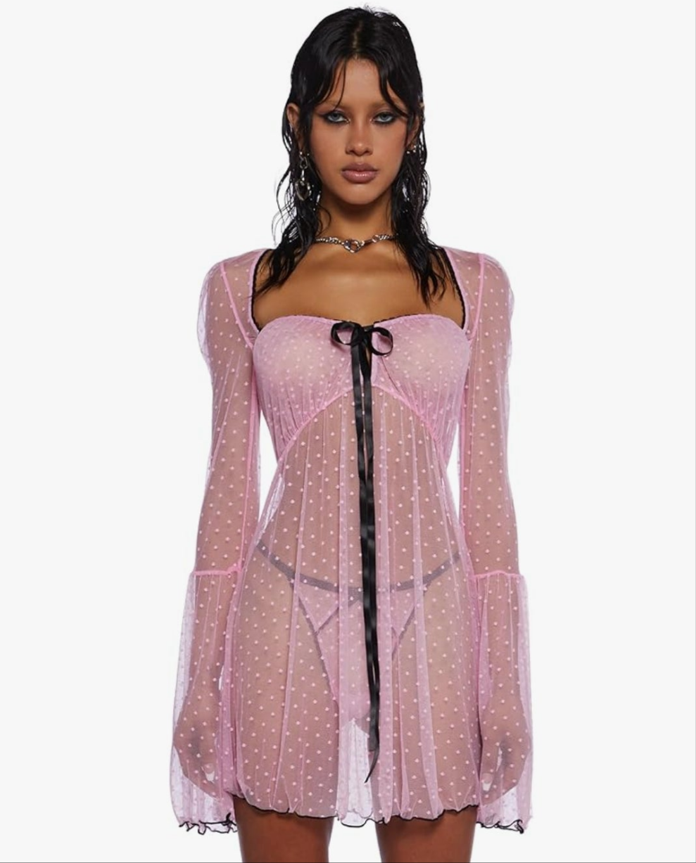 Lingerie Set – Sheer Swiss Dot Chemise with Ribbon Closure Cocomoney