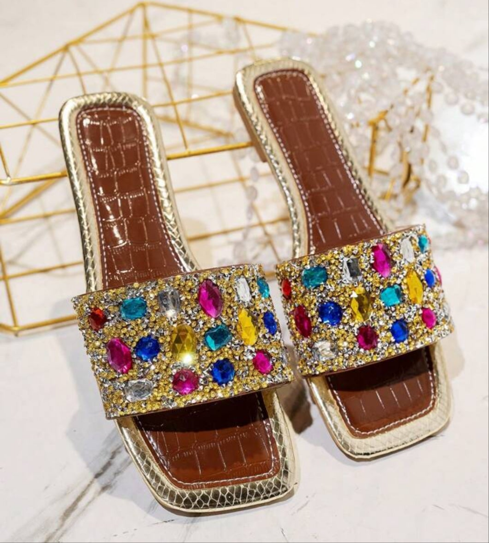 Rhinestone Decorated Flat Sandals, Comfortable Casual Open Toe Slippers Suitable For Outdoor, Beach, Party In Summer