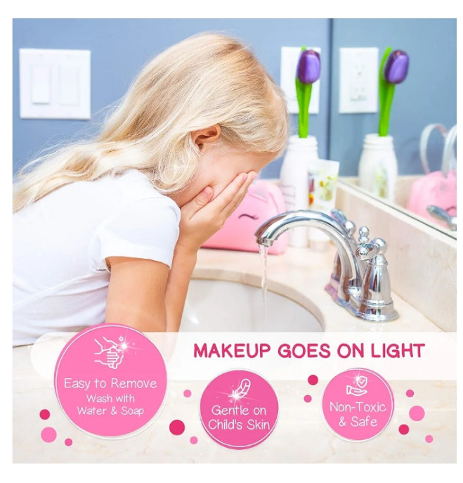 Kids Real Makeup Kit for Little Girls: with Pink Unicorn Purse - Real, Non Toxic, Washable Make Up Toy - Gift for Toddler Young Children Pretend Play Set Vanity