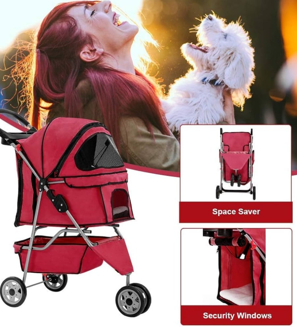 Red Pet Stroller Cat Dog Cage 3 Wheels Stroller Travel Folding Carrier