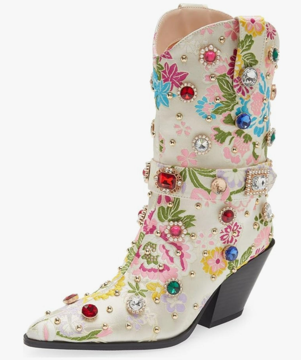 Western Cowgirl Boots For Women Flower Embroidered Rhinestone Mid Calf Pointed Toe Chunky Heel Cowgirl Boots