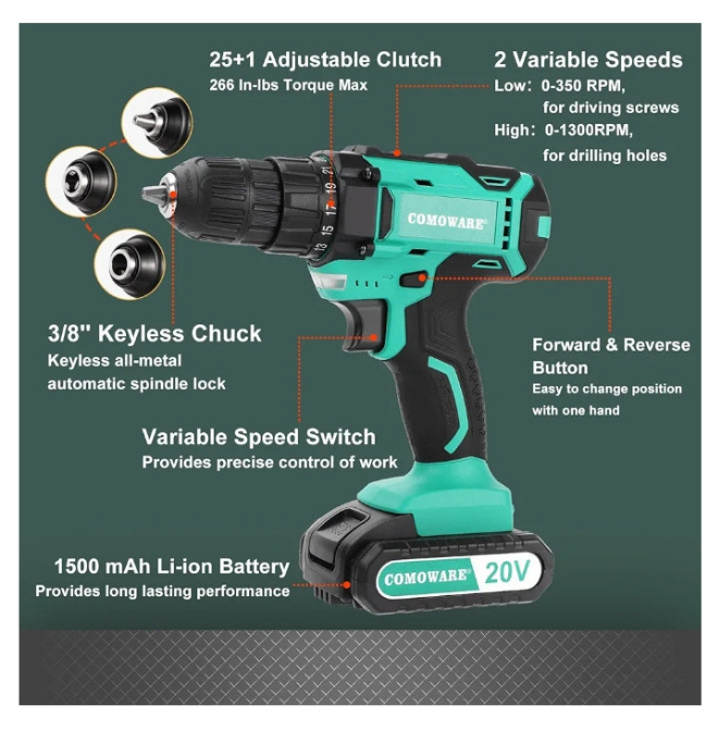 COMOWARE 20V Cordless Drill, Electric Power Drill Set with 1 Battery & Charger, 3/8” Keyless Chuck, 2 Variable Speed, 266 In-lb Torque, 25+1 Position and 34pcs Drill/Driver