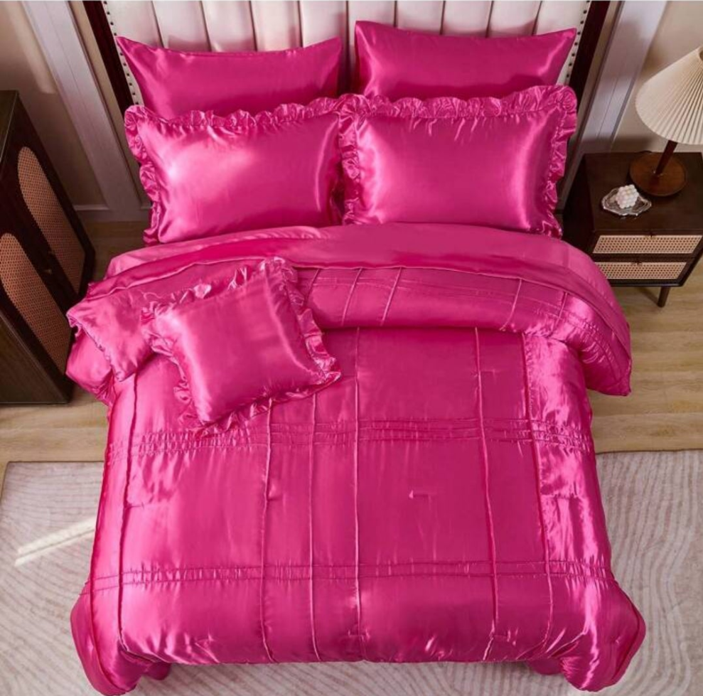 Satin Silky Comforter Set,Queen Size 8 Pcs Grid Pleated Silk Like Bed In A Bag Bedding, Down Alternative Bedding Sets For All Season,Luxury Silky Bedding With Sheets And Cushion Cover