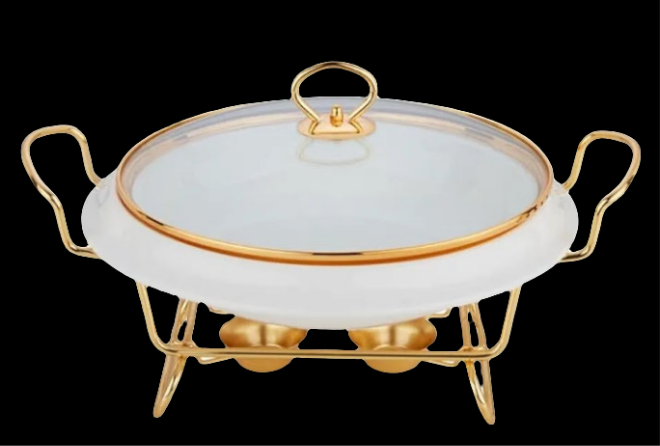 GOLD PLATED Ceramics Chafing Dishes & Food Warmers, Household Gold Plated Buffet Server Warming Tray with Food Pan, Fuel Holder and Lid, for Wedding, Parties, Banquet, Catering Events,12.5INCH