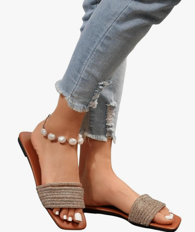 Women's Rhinestone Sparkly Sandals Glitter Square Open Toe Dressy Summer Flat Sandals