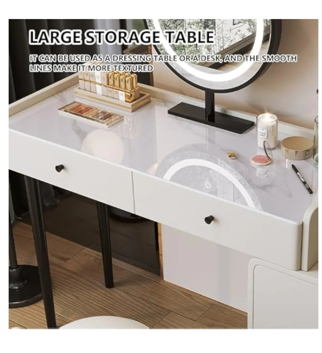 Modern Vanity Table with Smart LED Mirror Spacious Storage Soft Makeup Stool Large Drawers All Wood Frame Dressing Table for Bedroom and Small Spaces (Gray 31.5IN) ( D_47.2IN)